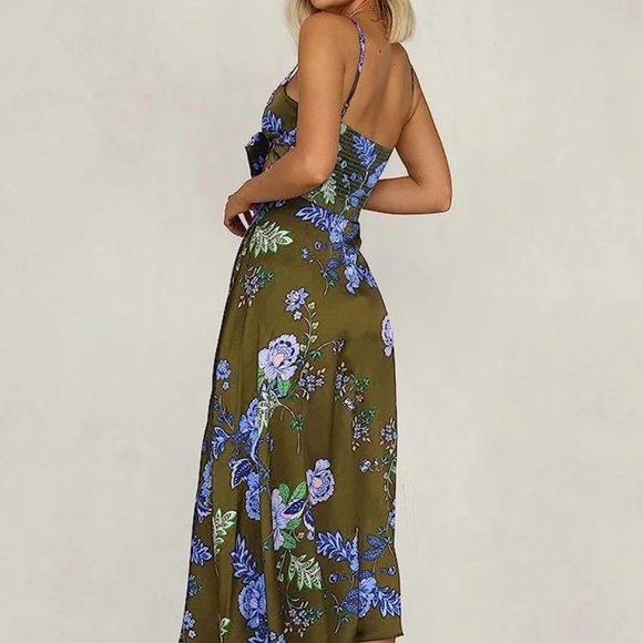 Spaghetti Strap Midi Satin Dresses Tie Front Backless Split Hollow Dress - Picture 3 of 3